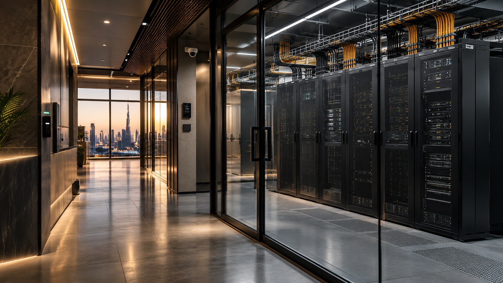 Access-controlled corridor leading to a glass-walled server room, with the Dubai skyline visible beyond