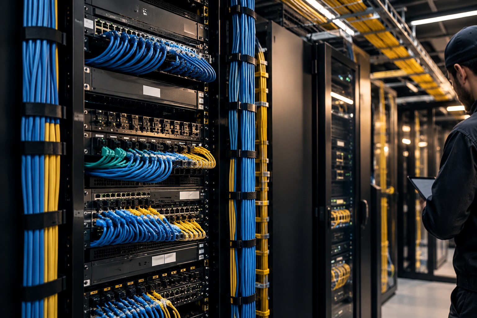 Technician reviewing dressed and labelled network cabling in a rack room